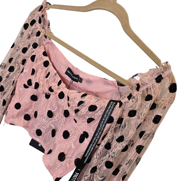NWT PrettyLittleThing Women's Size 0 Pink Lace Polka Dot Cropped Blouse - Picture 12 of 16